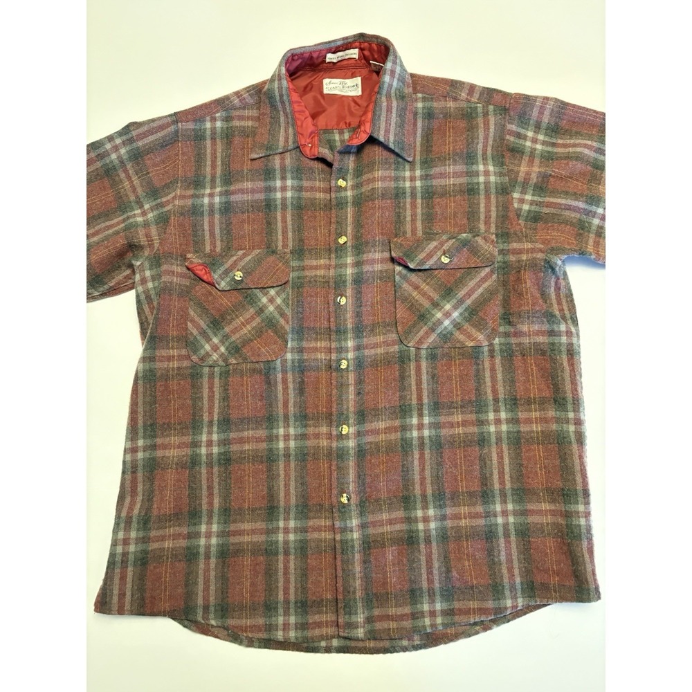 Sears Roebuck Flannel Shirt Mens L Red Plaid Single Needle Vintage 80s 56833